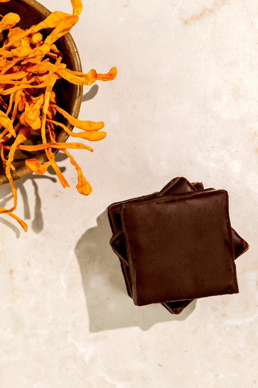 Dark Chocolate Almond Squares sweetened with Monk Fruit + Cordyceps - Mindful Monk